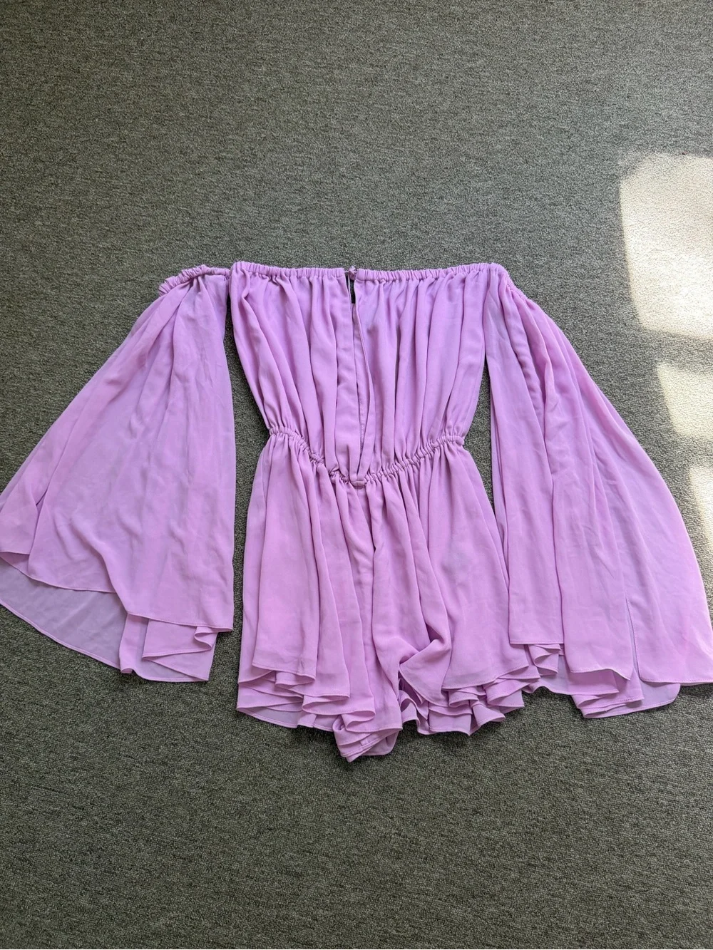 Off-Shoulder Lavender Romper with Bell Sleeves